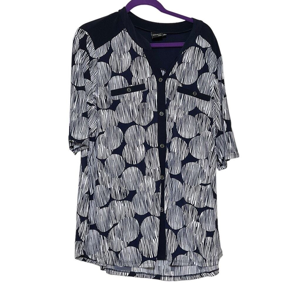 Ellie McCarthy‎ Blue White Geometric Blouse Pull Over Faux Button Size 3X